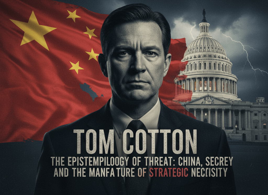 A dramatic political portrait of Senator Tom Cotton against a backdrop of the Chinese flag and the US Capitol building, with text overlay reading "Tom Cotton; The Epistemology of Threat: China, Secrecy, and the Manufacture of Strategic Necessity" — dark, moody, cinematic political art style