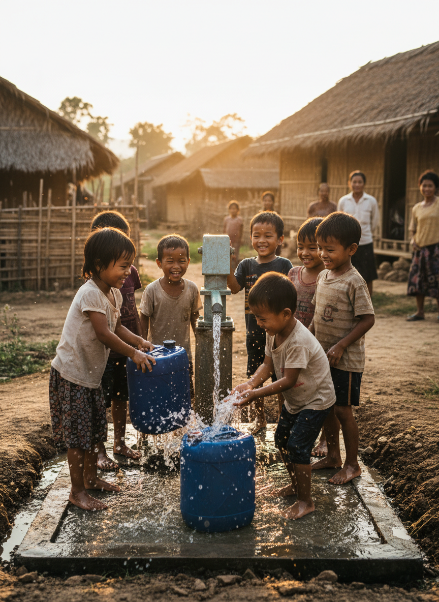 Children collecting clean water from a new well in a rural village