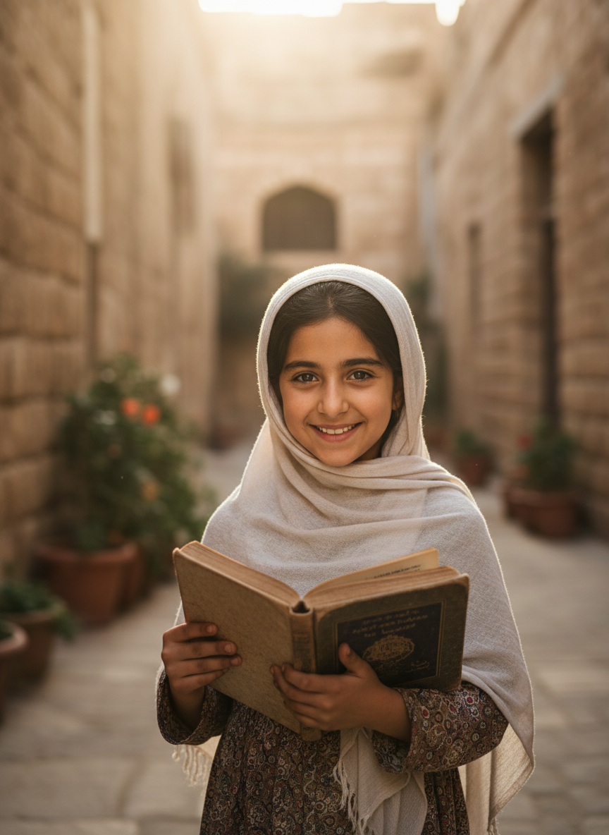 A young girl smiling warmly holding a schoolbook