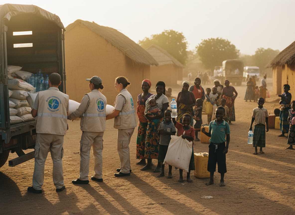 Documentary photograph of aid workers distributing food and clean water to families in an African village