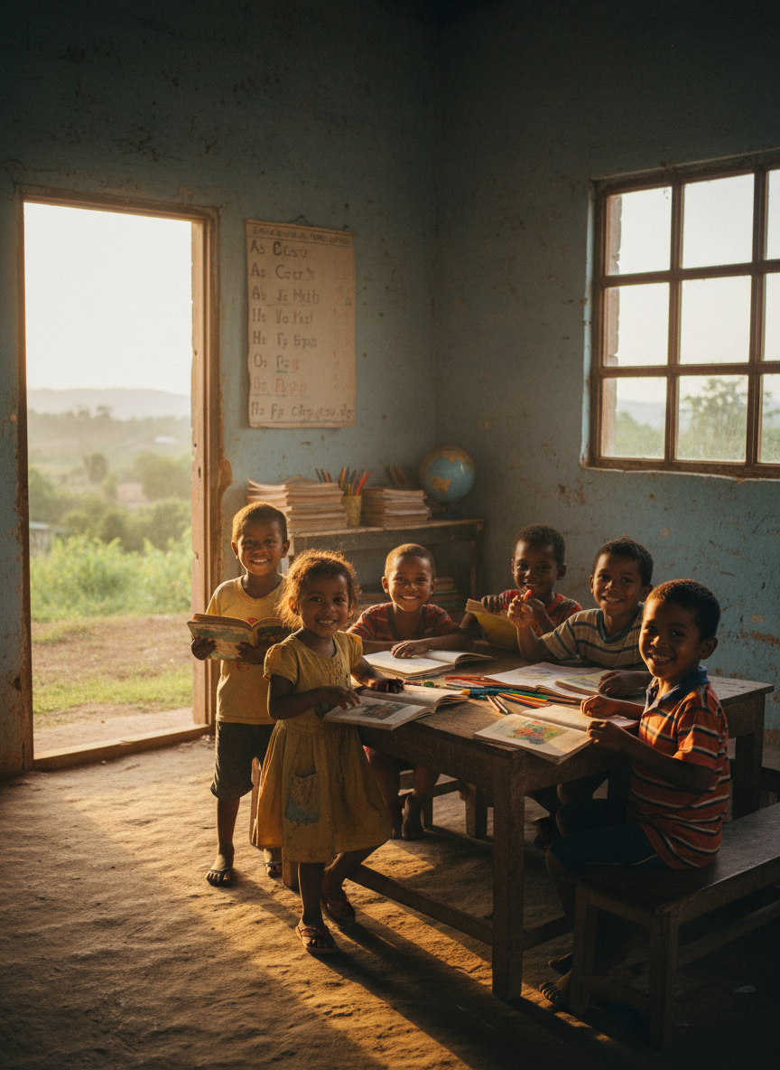 Children in a classroom in a developing country smiling with books and school supplies
