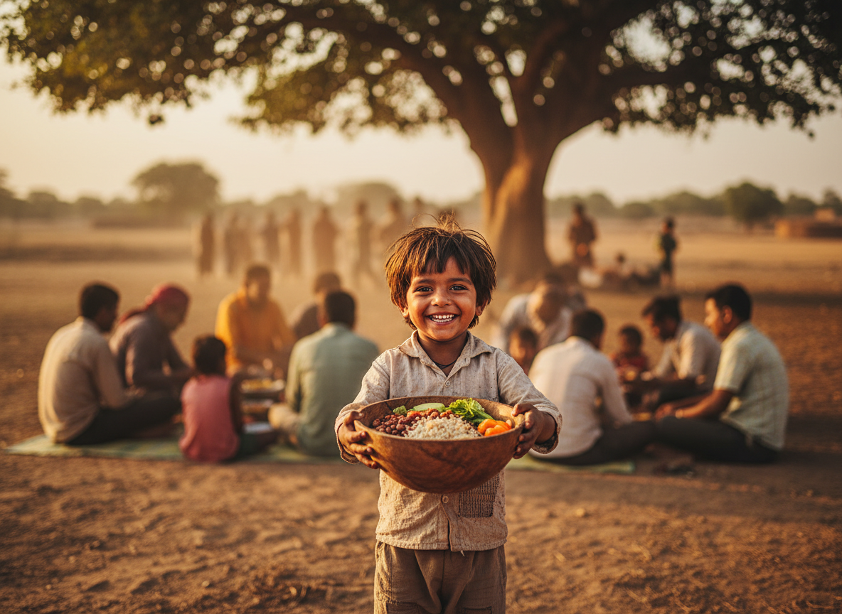 Cinematic wide documentary photograph of a smiling young child in a developing region holding a bowl of food, warm golden hour light