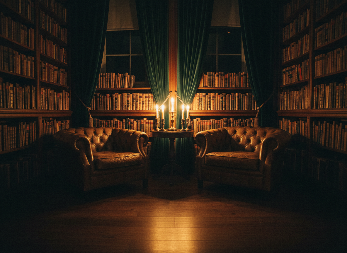 A dimly lit private members club reading room with aged leather armchairs, warm amber candlelight, dark mahogany bookshelves and velvet curtains.