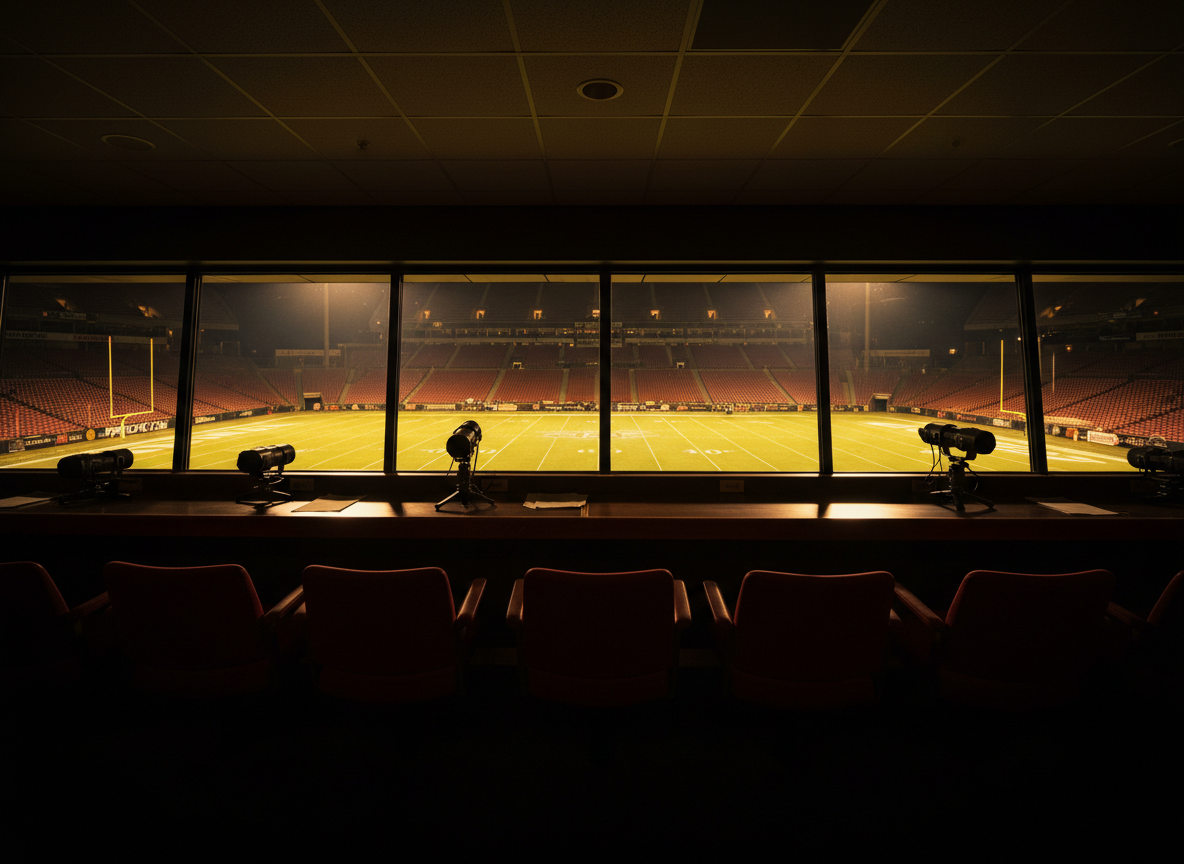 Stadium press box at night overlooking a floodlit field