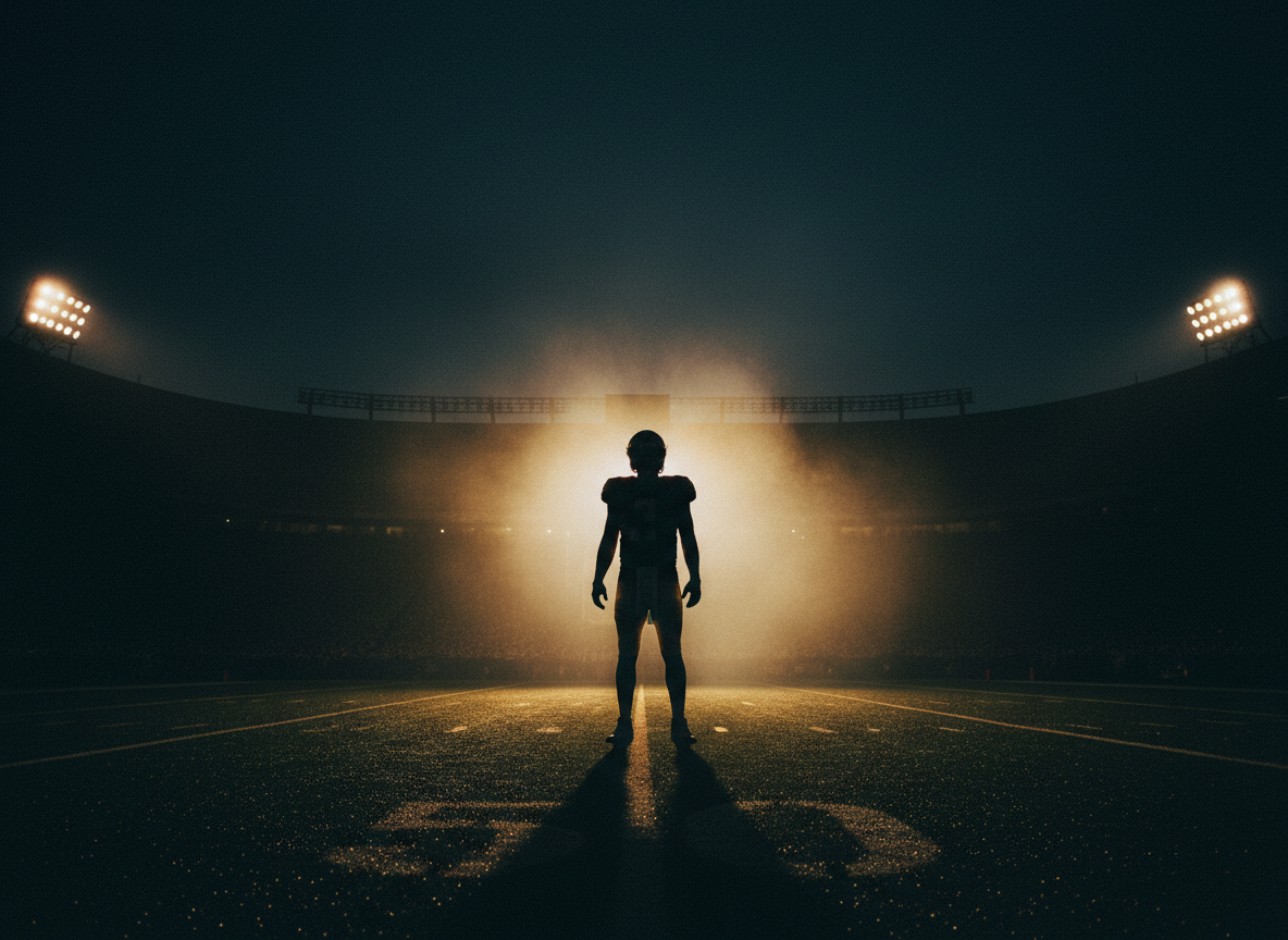 Ultra-cinematic dark moody photograph of an NFL quarterback in silhouette standing alone on a dark field under dramatic stadium lights, deep blacks, rich golden rim lighting